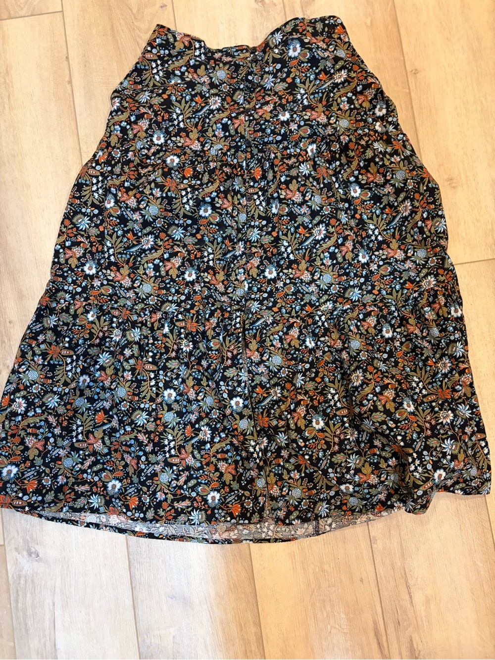 Old Navy 100% Cotton Black Floral Tiered Maxi Skirt with Blue and Rust Accents - Picture 3 of 5
